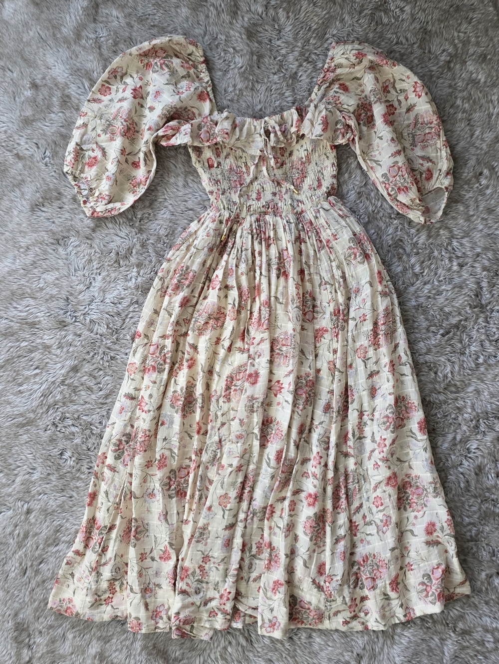 Free People Oasis Printed Midi Dress Ivory Floral Puff Sleeve Women's - Picture 3 of 16